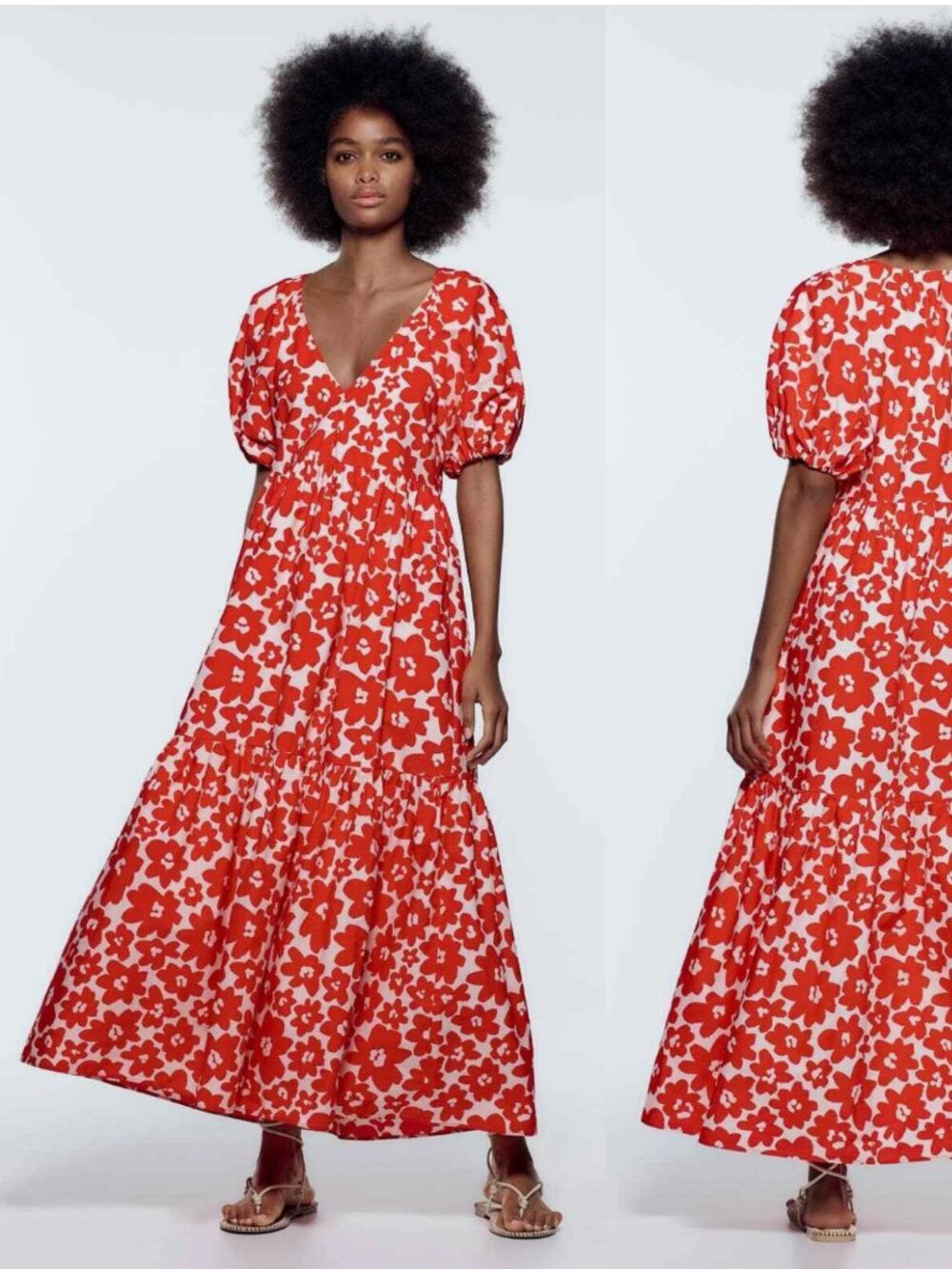 Zara Printed Poplin Puff Sleeve Floral Dress in Red and White Size M